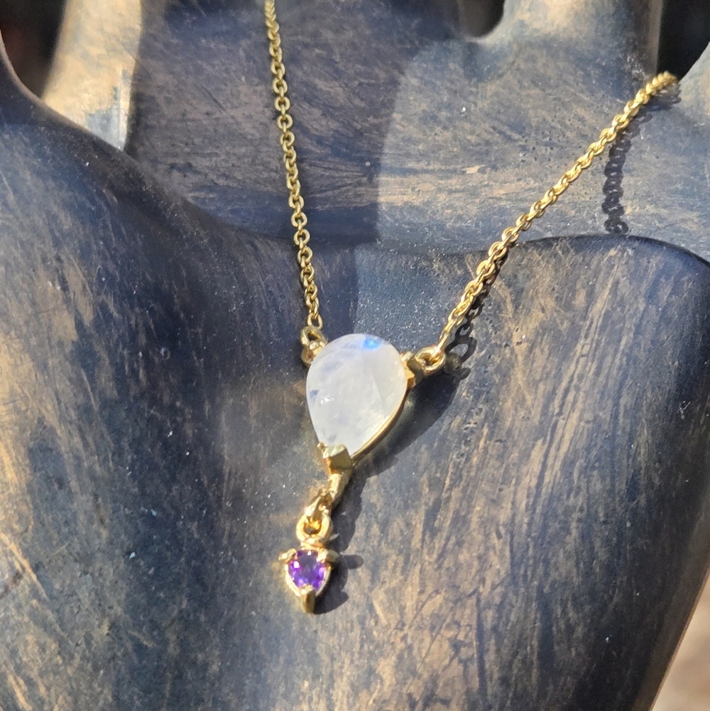 Moonstone & Amethyst Natural Gemstone Sterling & Gold 18" Necklace - Picture 3 of 13